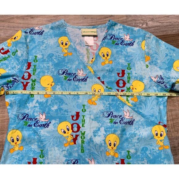Looney Tunes Tweety Christmas Scrub Top Size S Blue Cartoon Print V-Neck Holiday - Picture 11 of 16